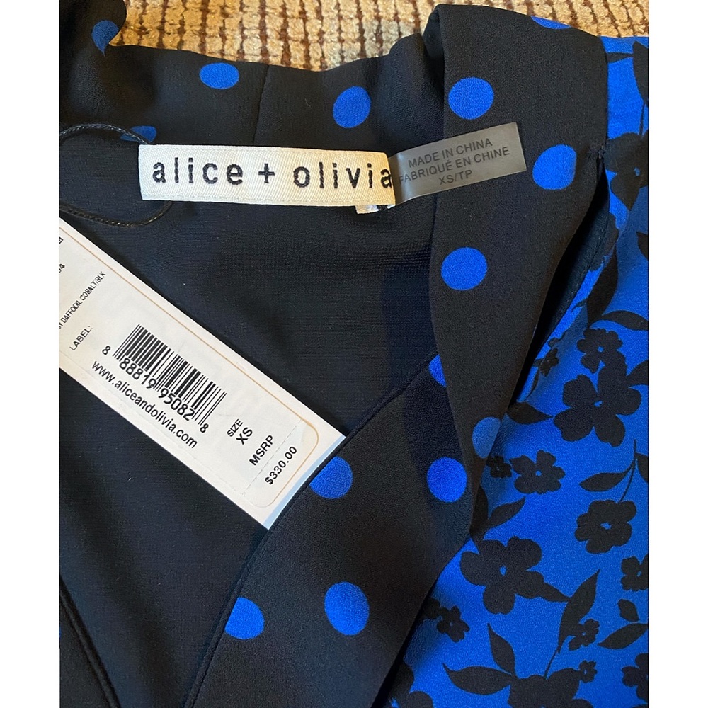Alice + Olivia Wellesly Mixed Print Tie Neck Blue Black Mini Dress - Picture 13 of 16